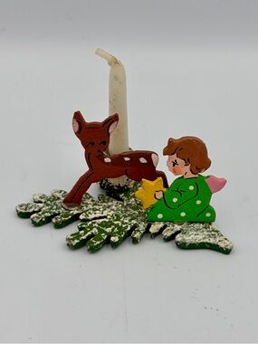 ERZGEBIRGE Angel Candle Holder & Candle Christmas Figurine Deer Germany Vintage